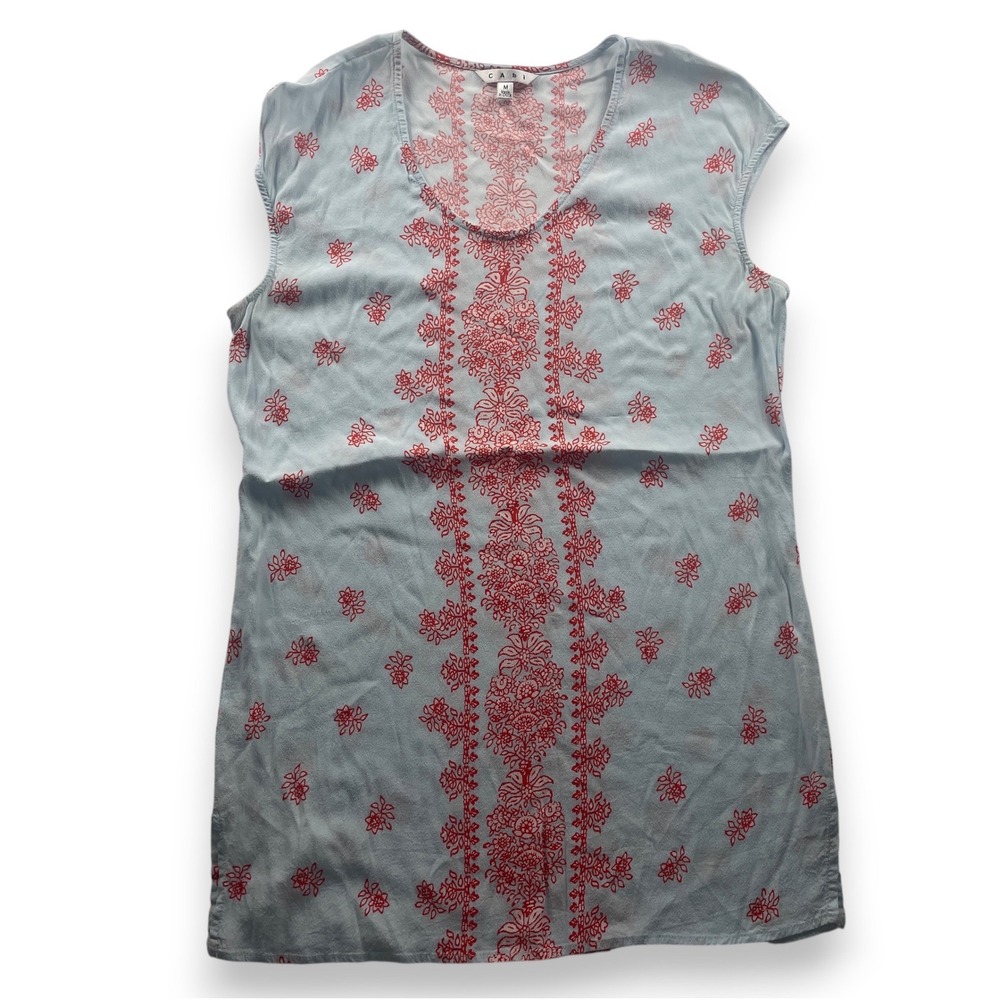 Cabi Womens Light Blue Red Floral Tunic Scoop Neck Sleeveless Blouse M
